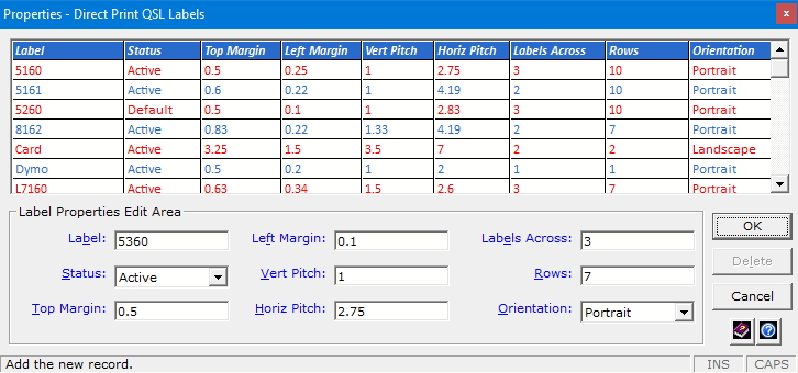 Properties - Direct Print QSL Labels Window