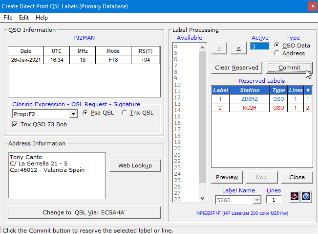 Create Direct Print QSL Label Window.