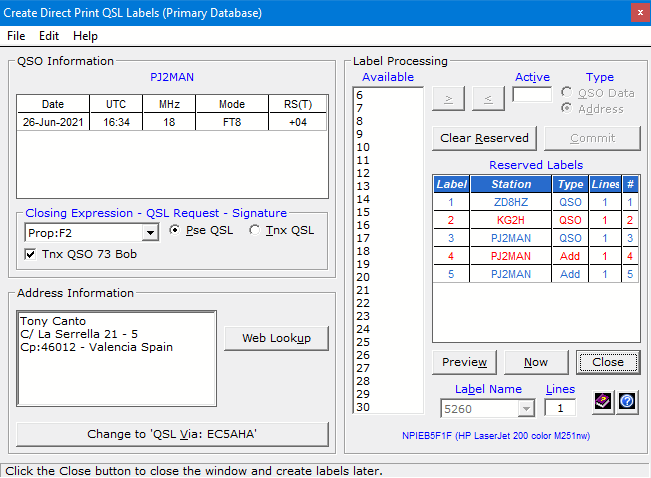 Create Direct Print QSL Label Window.